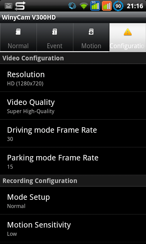 WinyCam V300 - Android Settings